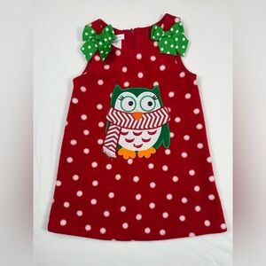 BONNIE JEAN‎ Girls’ Owl Christmas Appliqué Fleece Polka Dot Jumper Dress Size 4